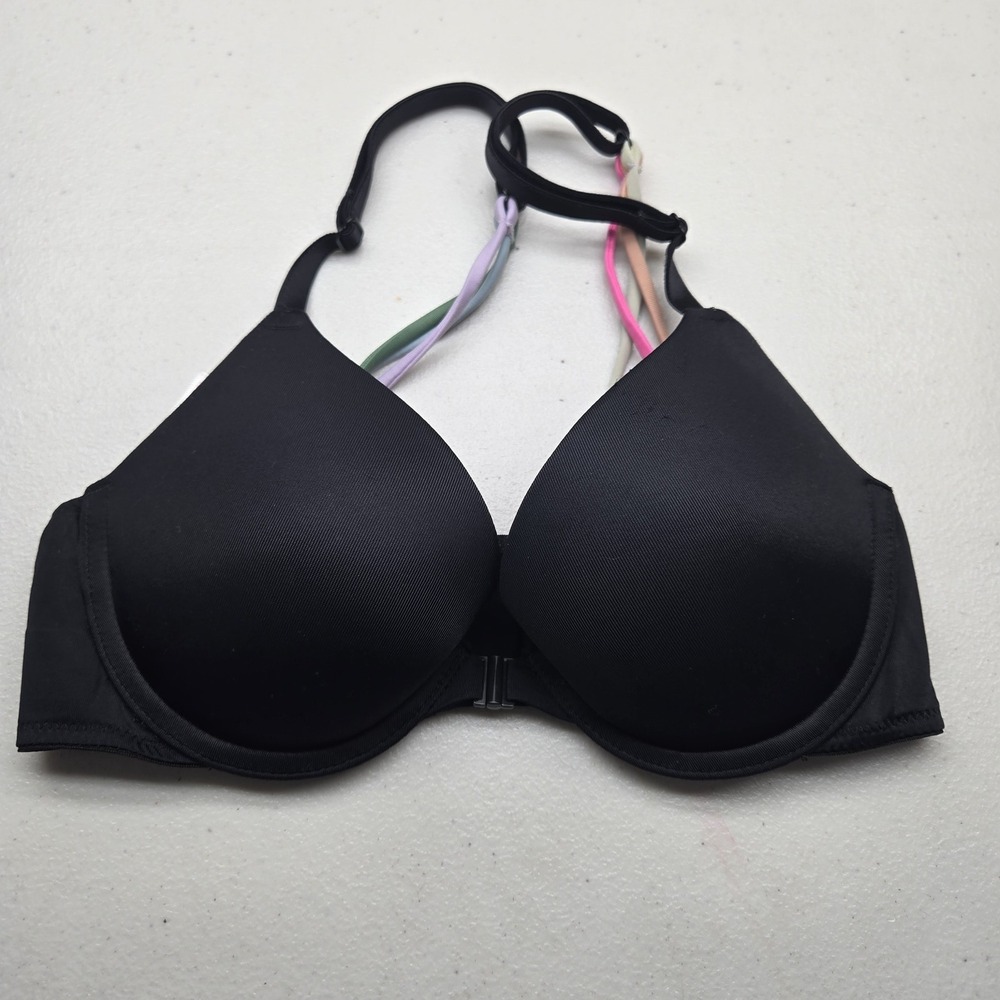 PINK Victoria's Secret Women Bra 32B Black T Shirt Underwired Logo Strap